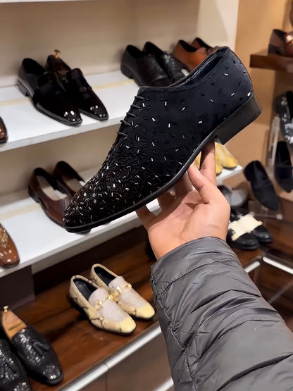 Black N Gold Embroidery Black Suede Oxfords