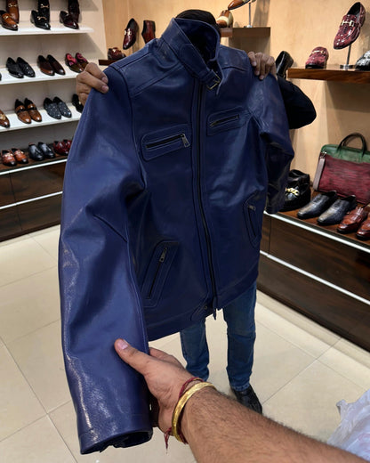 Custom Navy Blue Goat Skin Leather Jacket