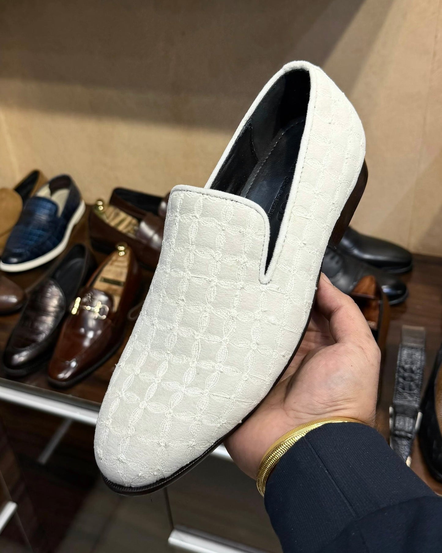 White Velvet Floral Embroidery Loafers