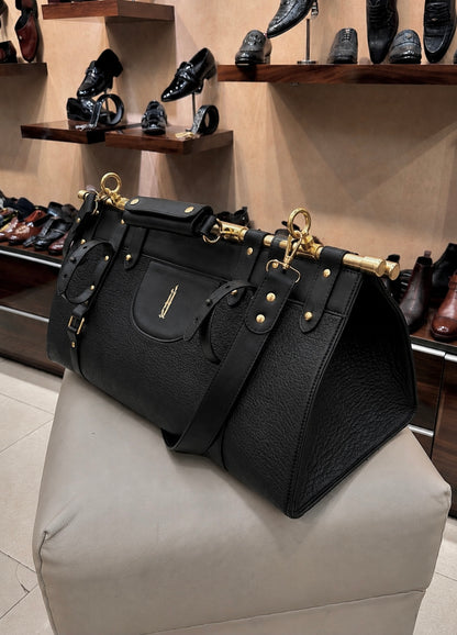 All Black Italian Leather Duffle Bag with Gold Pipe