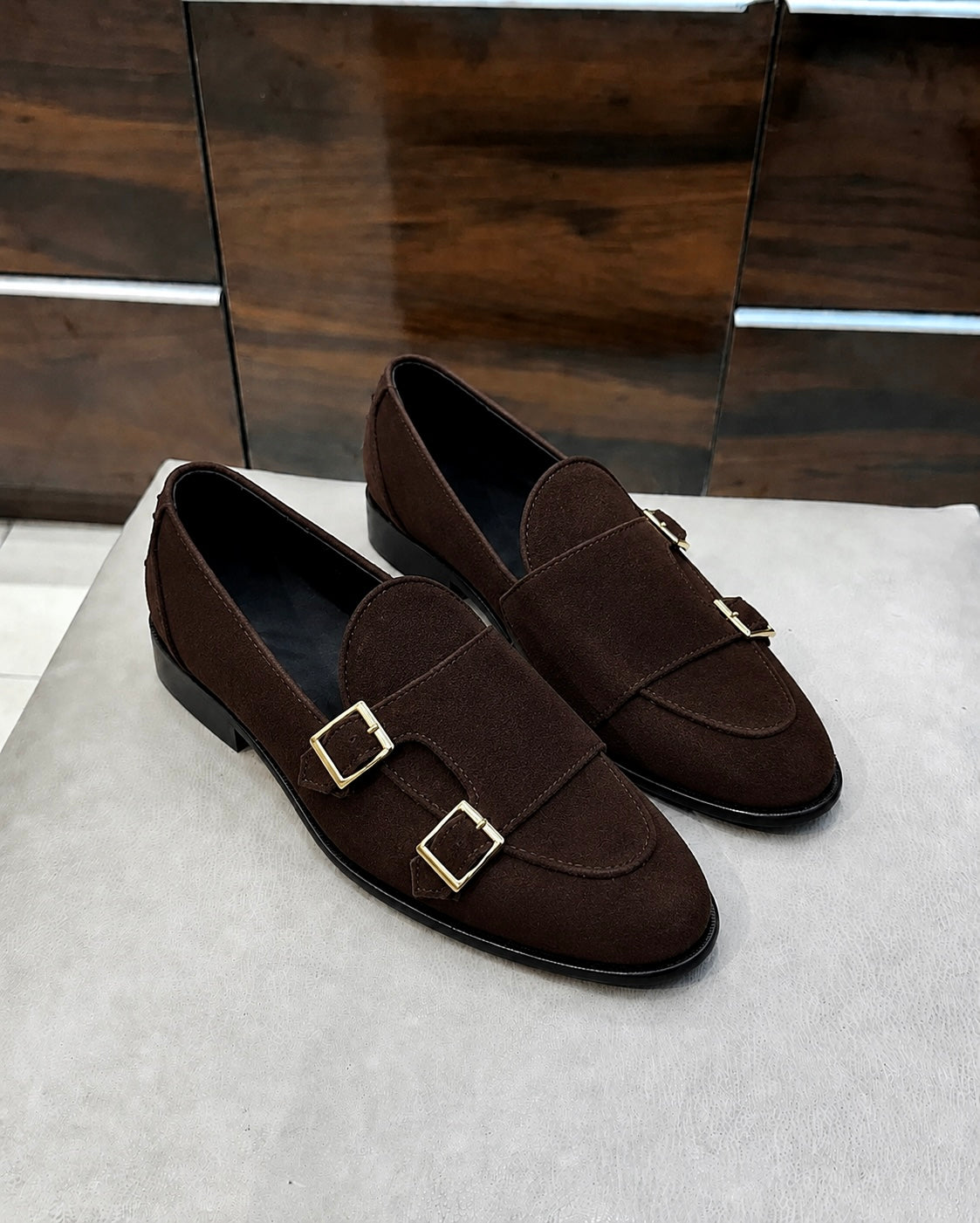 Brown Suede Double Monk Strap Loafers