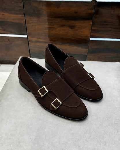 Brown Suede Double Monk Strap Loafers
