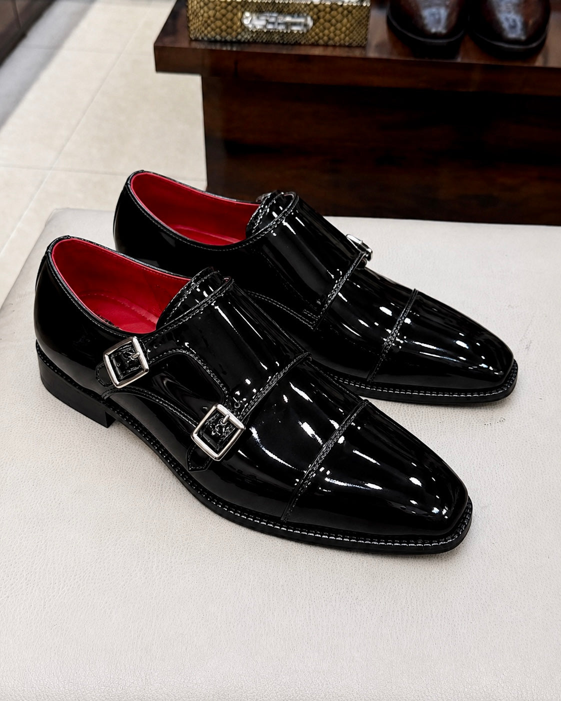 Black Patent Leather Double Monk Strap Shoes