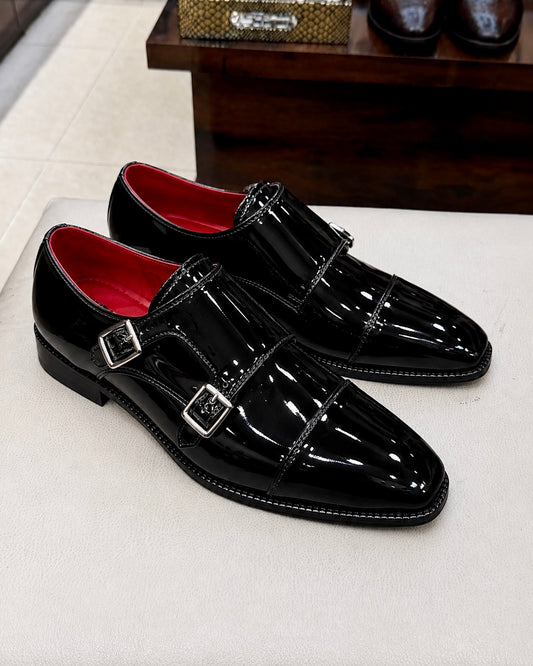 Black Patent Leather Double Monk Strap Shoes