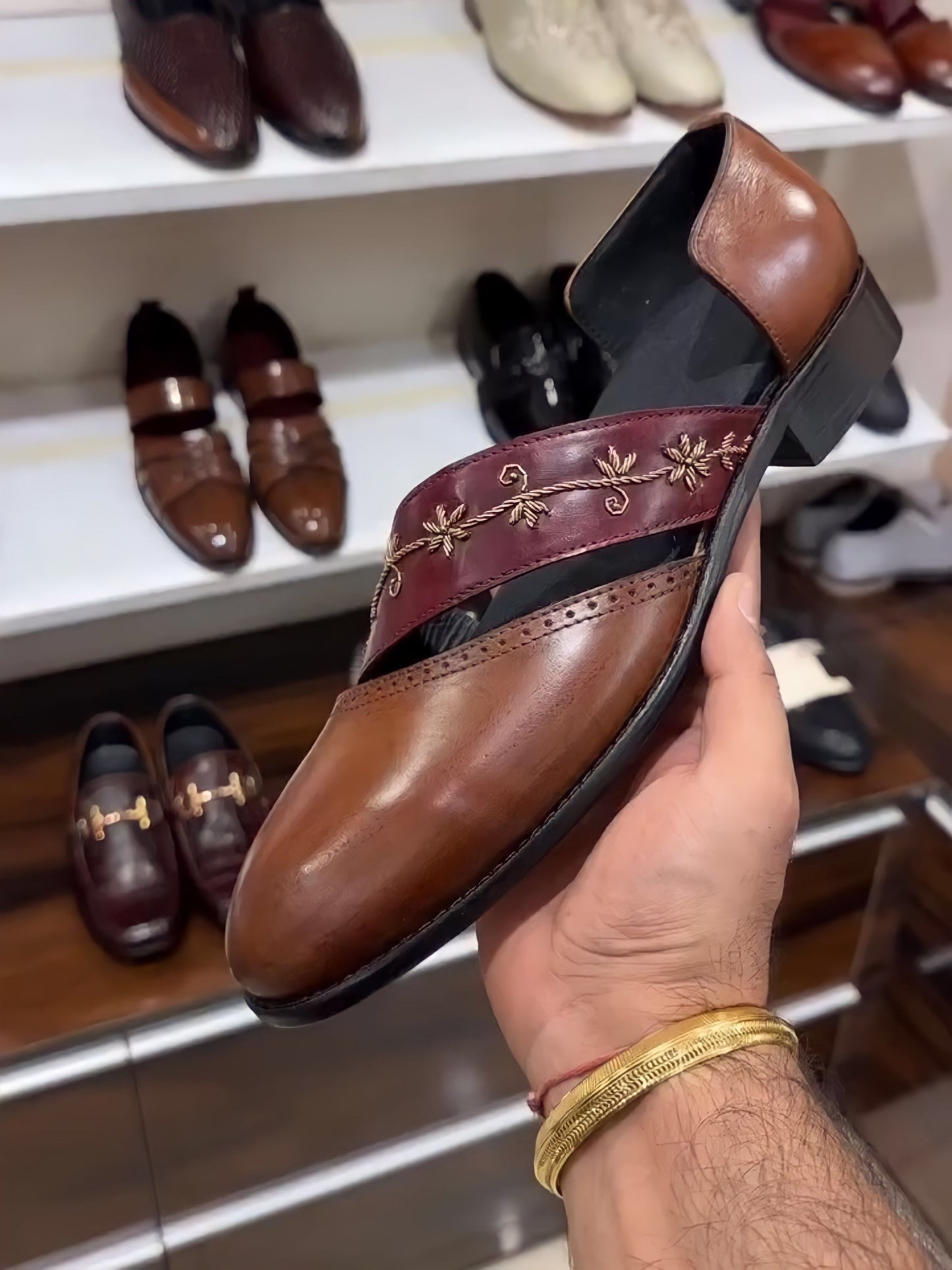 Brown Patina Hand-embroidery Spectator Sandals