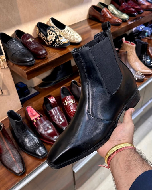 Classic Black Italian Leather Chelsea Boots with Chisel Toe