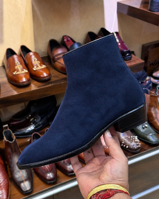 High-top Navy Blue Suede Boots With Cuban Heel