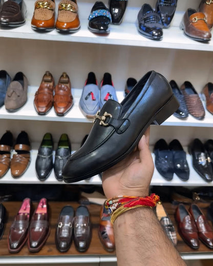 Classic Black Calf Skin Leather Loafers with Gold Buckle