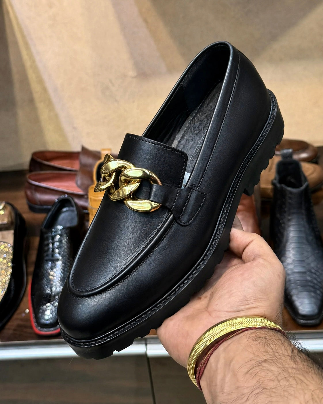 Black Chunky Loafers With Chain