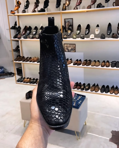 Black Signature Snake Foil Zipper Boots