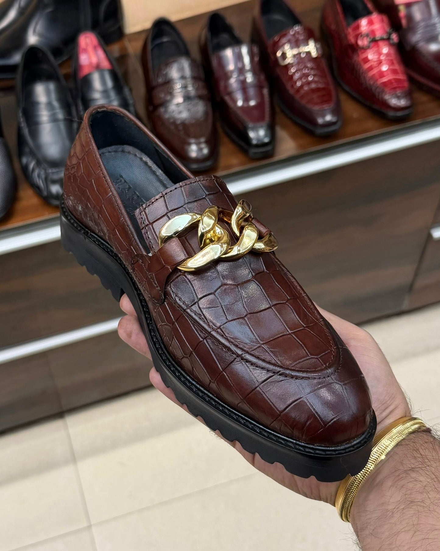 Medium Brown Croco Gold Chain Lug Sole Loafers