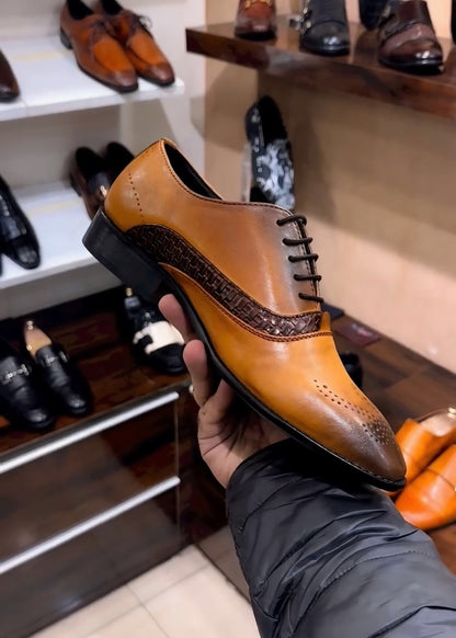 Tan Patina Brogue Braided Oxfords