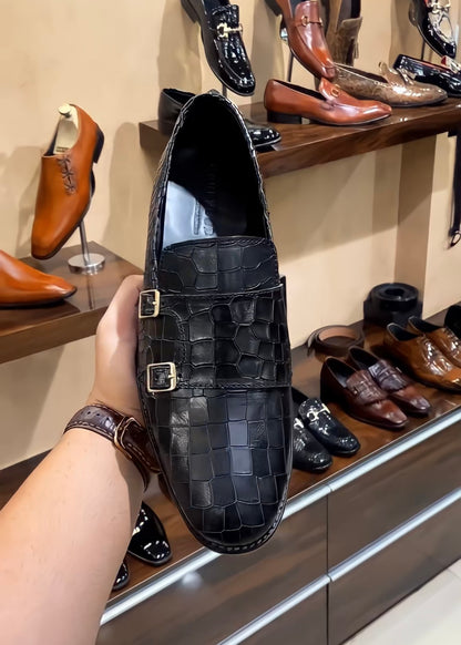 Black Crocodile Scaled Double Monk Loafers