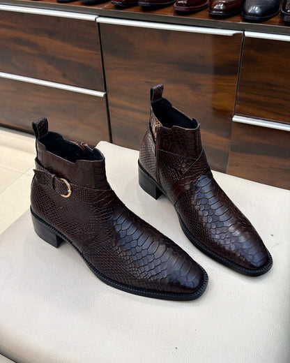 Dark Brown Cobra Scaled Zip Boots With 1.5 Inch Heel