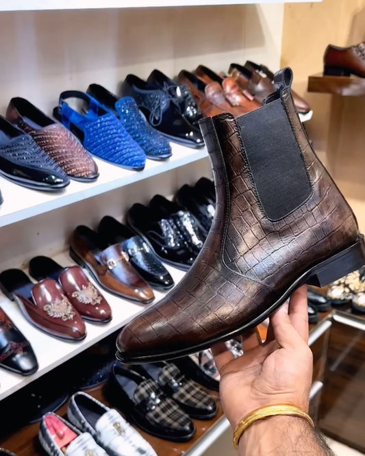 Metallic Brown Crocodile Scaled Chelsea Boots