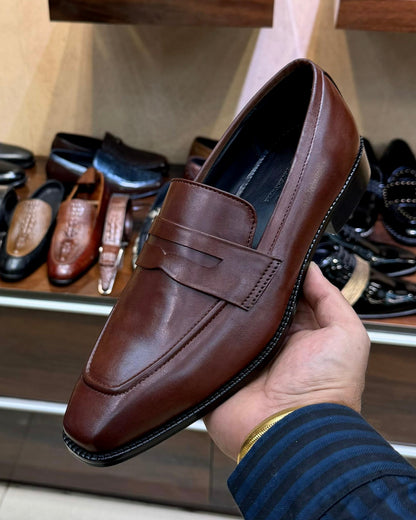 Cognac Brown Square Toe Penny Loafers