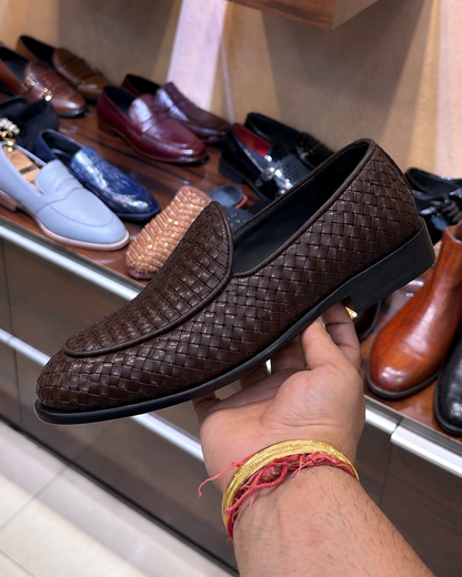 Dark Brown Hand-woven Leather Belgian Loafers