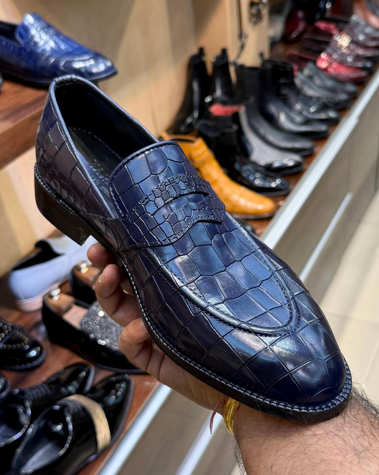 Navy Blue Crocodile Full Strap Penny Loafers