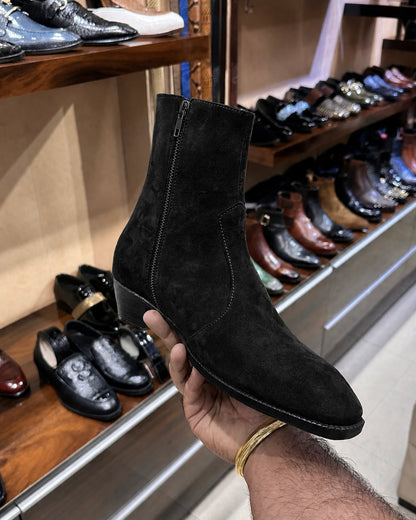 High-top Black Suede Boots With Cuban Heel