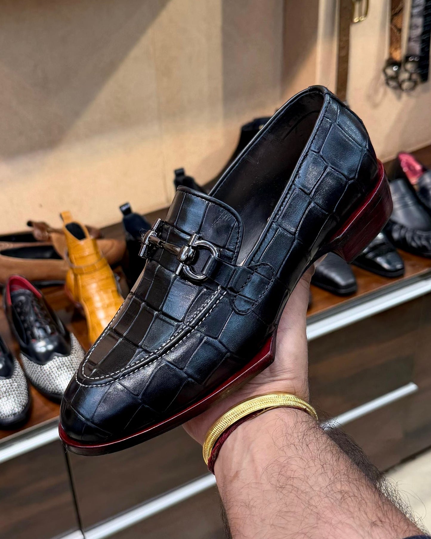 Black Deep-cut Croco Red Italian Cut Sole Horsebit Loafers