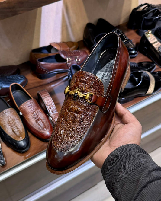 Exotic Burnished Brown Alligator Scaled Horsebit Loafers