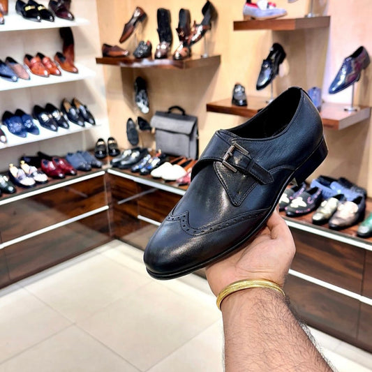 Classic Black Calf Skin Leather Wing-tip Single Monks