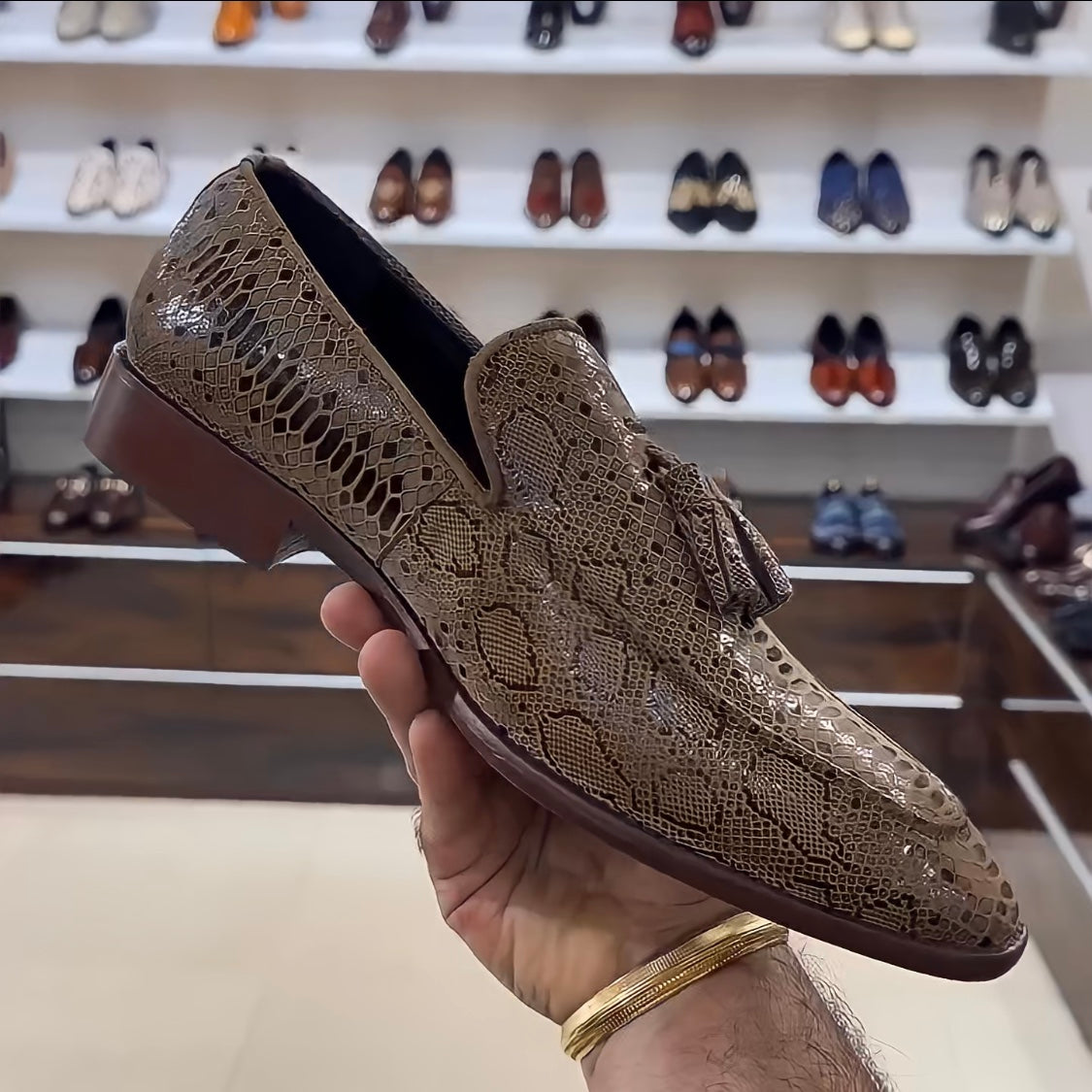 Exotic Desert Snake Scaled Tassel Loafers with Brown Sole