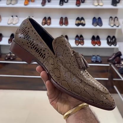 Exotic Desert Snake Scaled Tassel Loafers with Brown Sole