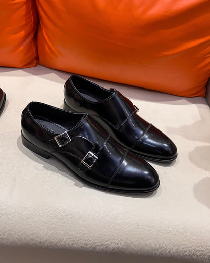 Classic Black Smooth Calf Leather Double Monks
