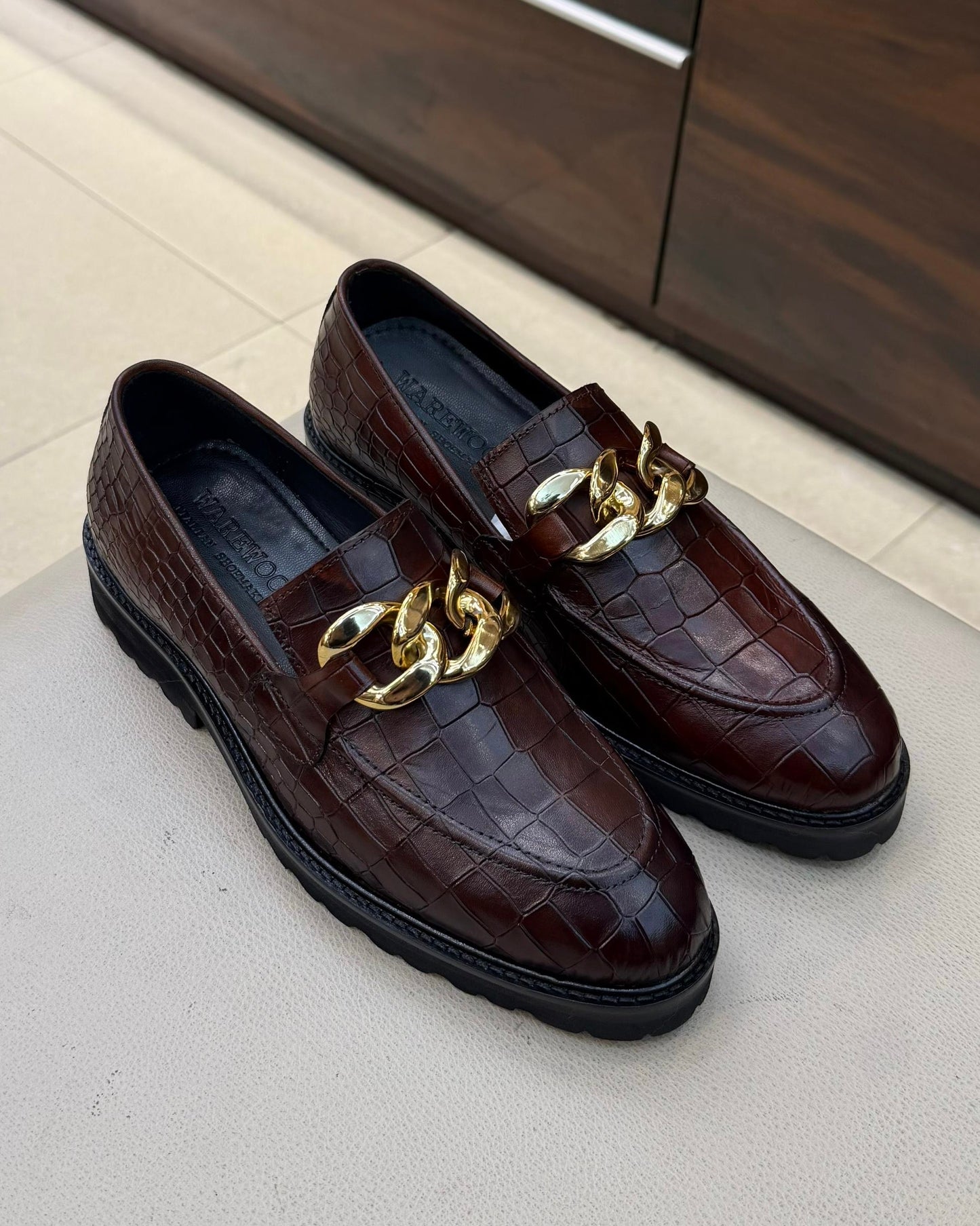 Dark Brown Croco Gold Chain Lug Sole Loafers