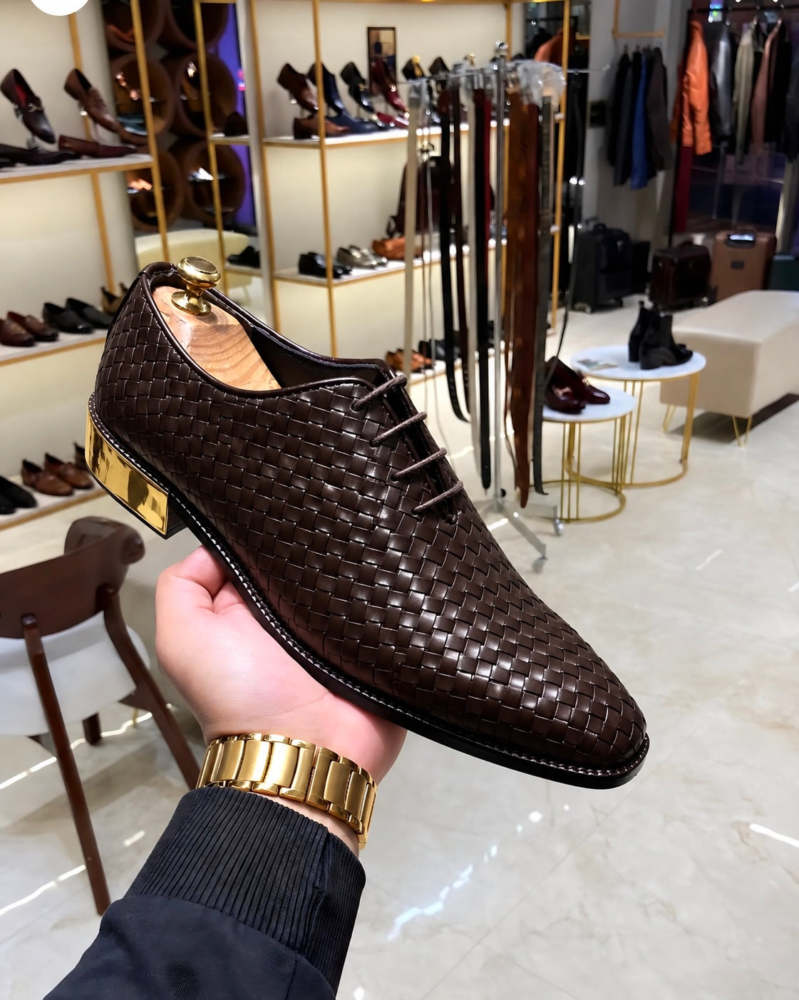 Brown Hand-Woven Leather Oxfords With Gold Heel
