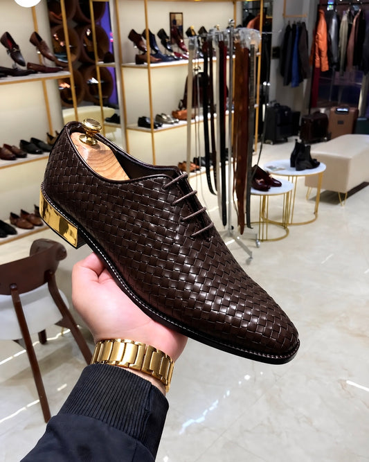 Brown Hand-Woven Leather Oxfords With Gold Heel