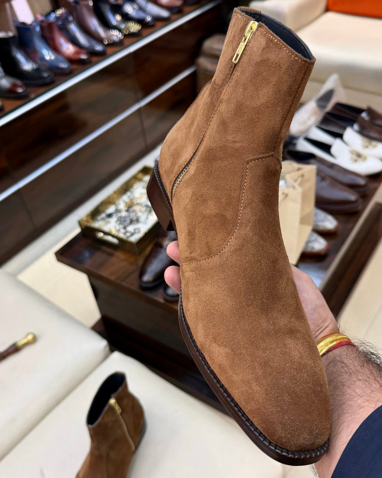 Desert Tan Suede Zip Boots with Brown Sole