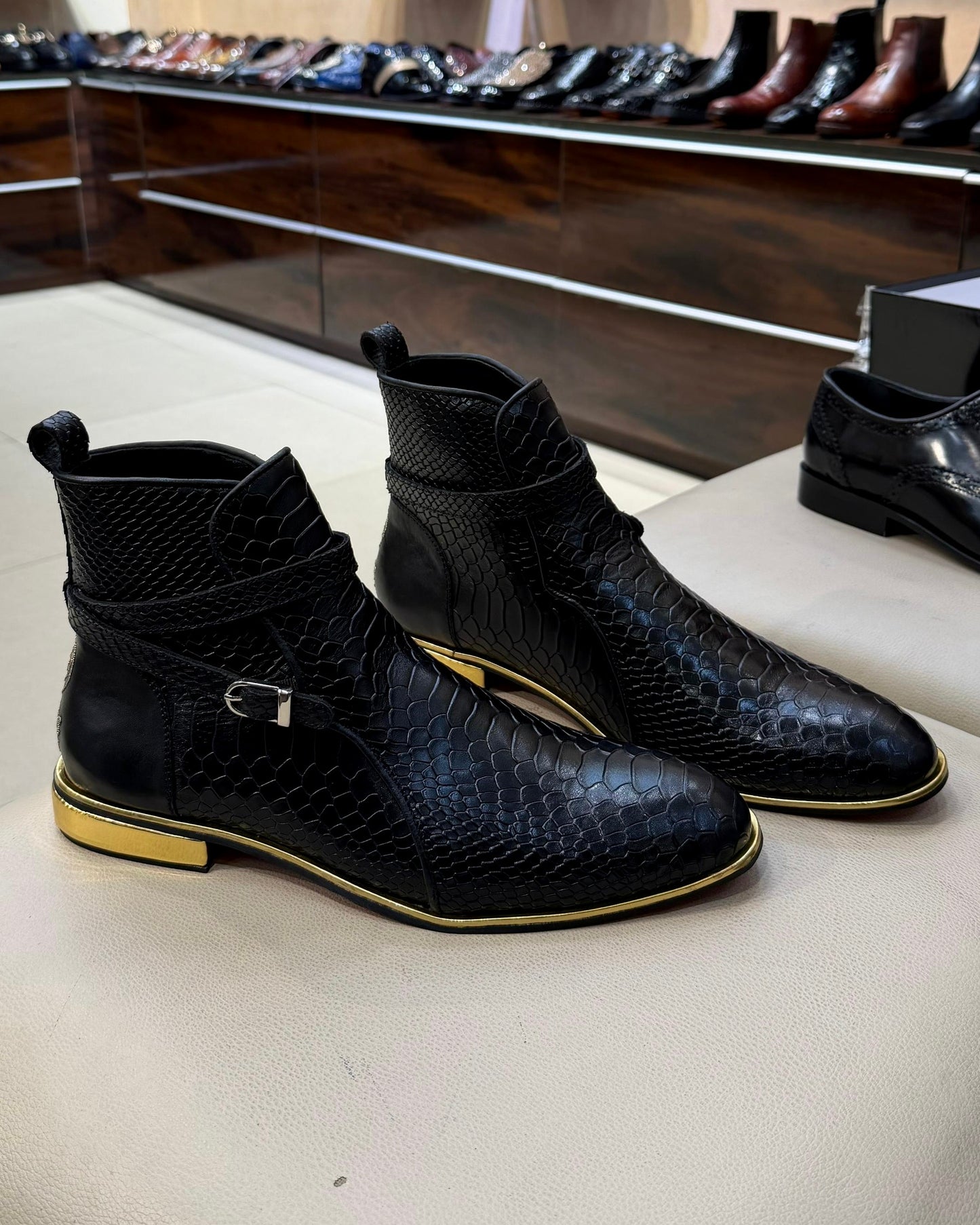 Black Cobra Scaled Jodhpur Boots with Gold Heel & Side Welt