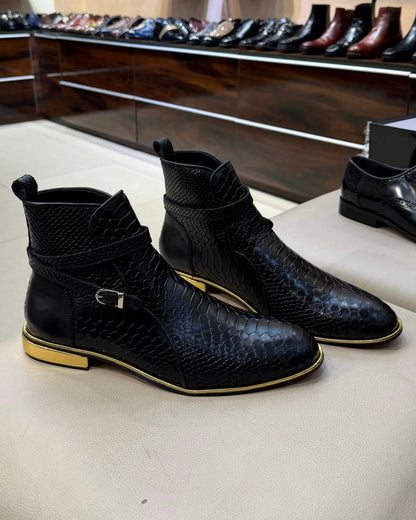 Black Cobra Scaled Jodhpur Boots with Gold Heel & Side Welt