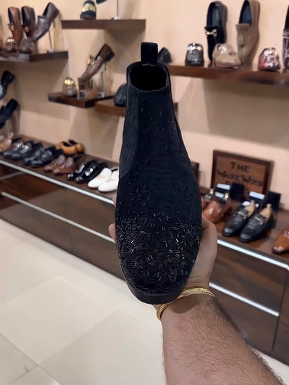 Pure Italian Black Suede Embroidery Chelsea Boots