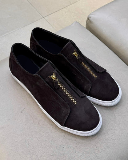 Dark Brown Suede Low-top Sneakers with Gold Zip