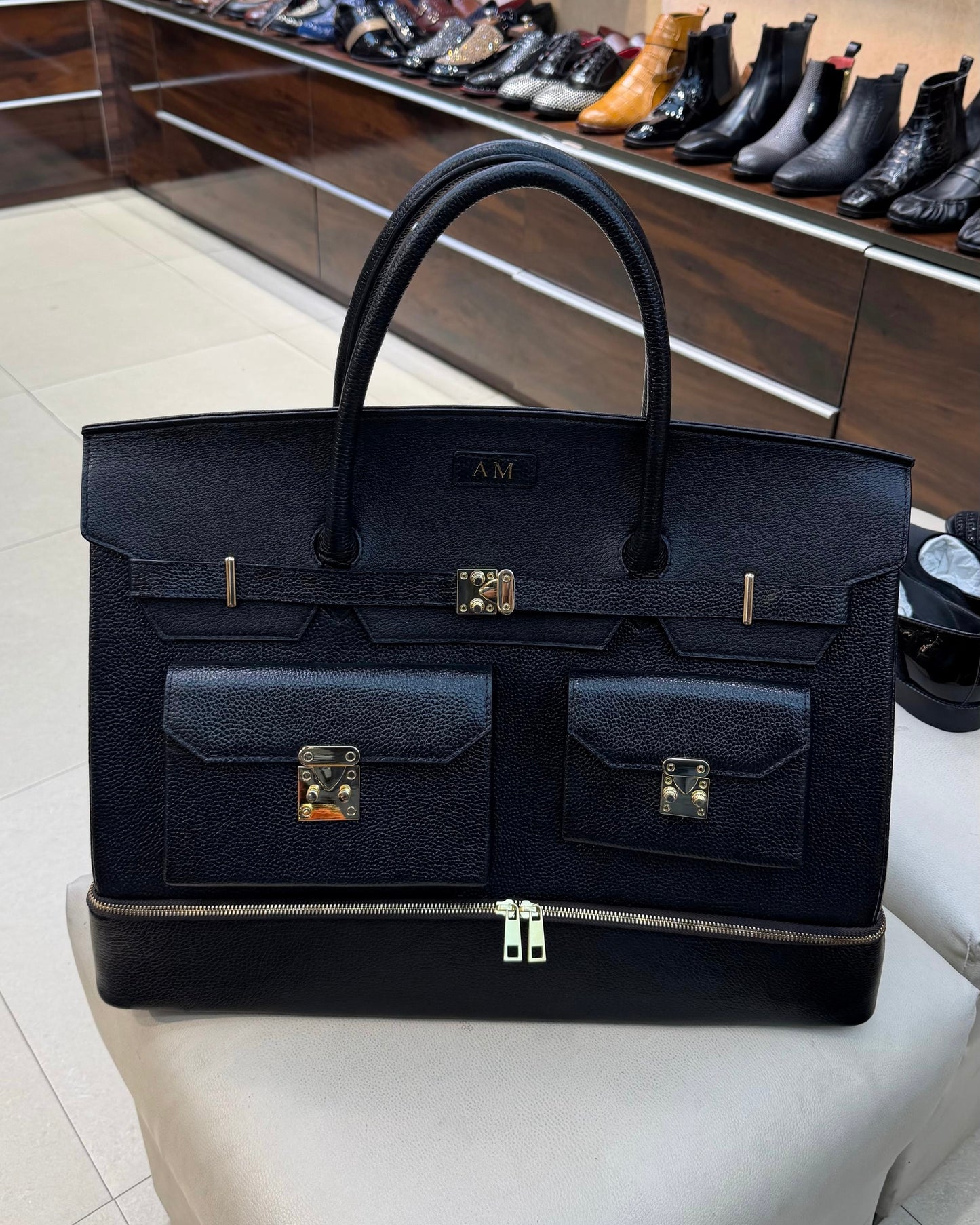 Black Full Grain Leather Travel Bag With Bottom Shoe Compartment
