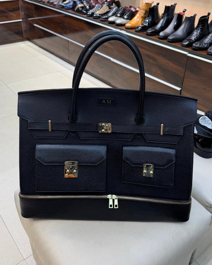Black Full Grain Leather Travel Bag With Bottom Shoe Compartment