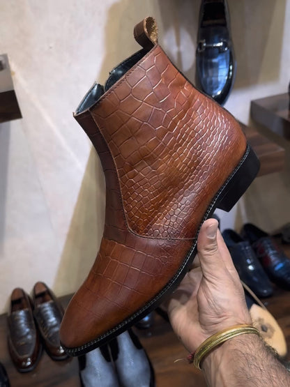 Tan Patina Crocodile Scaled Zipper Boots