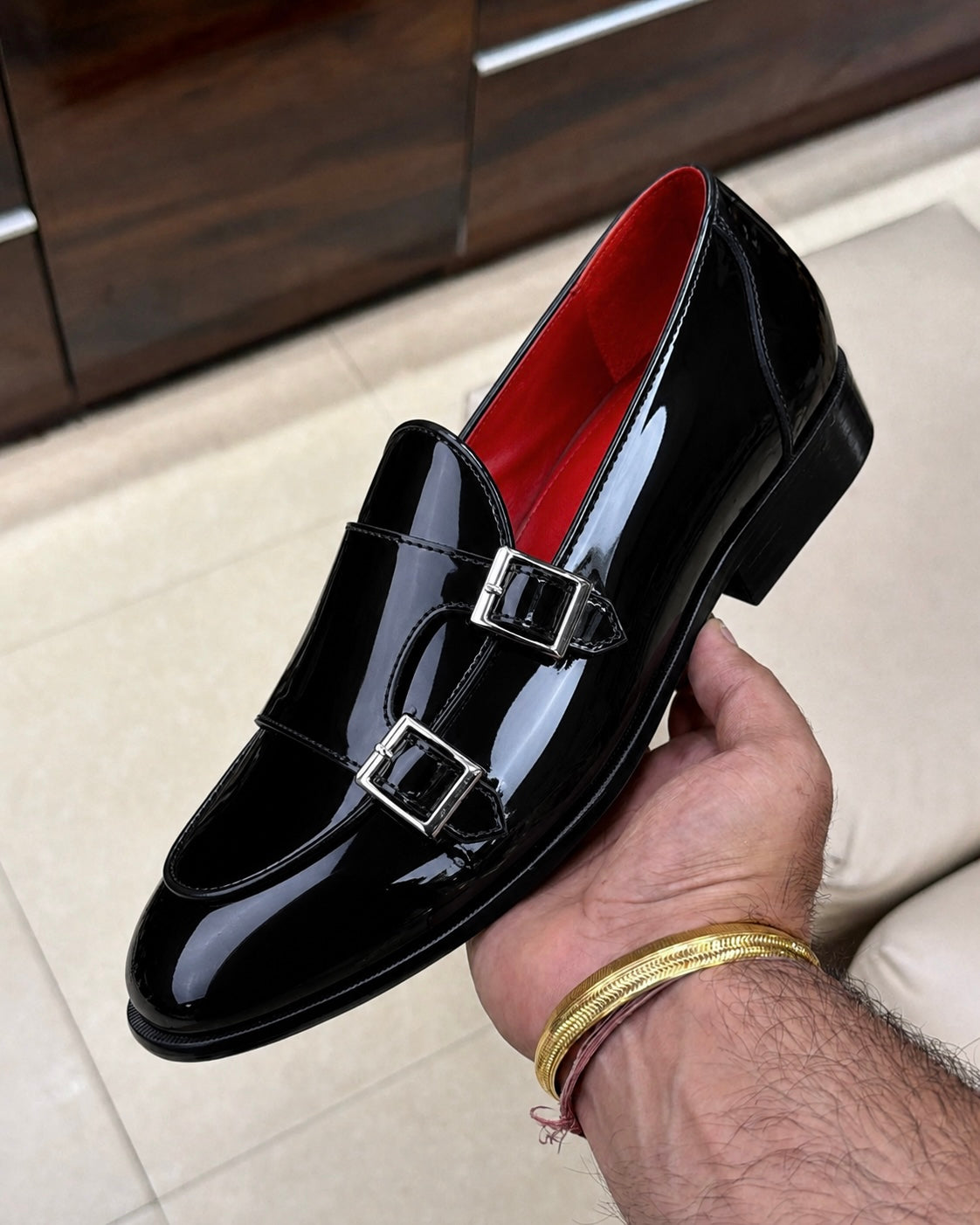 Black Patent Leather Double Monk Strap Loafers