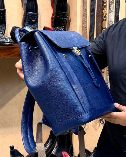 Custom Navy Blue Full Grain Leather Back Pack