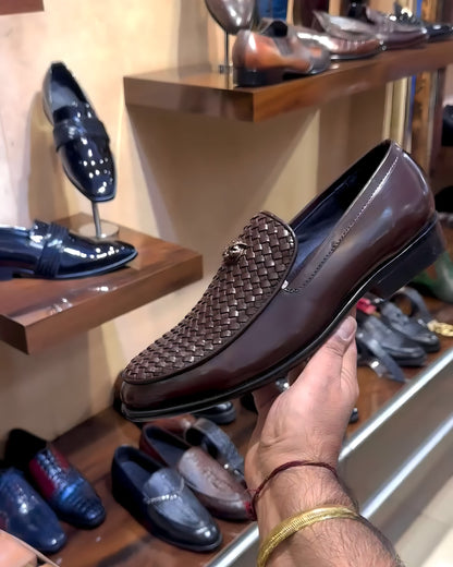 Coffee Brown Braided Leather Spectator Moccasins