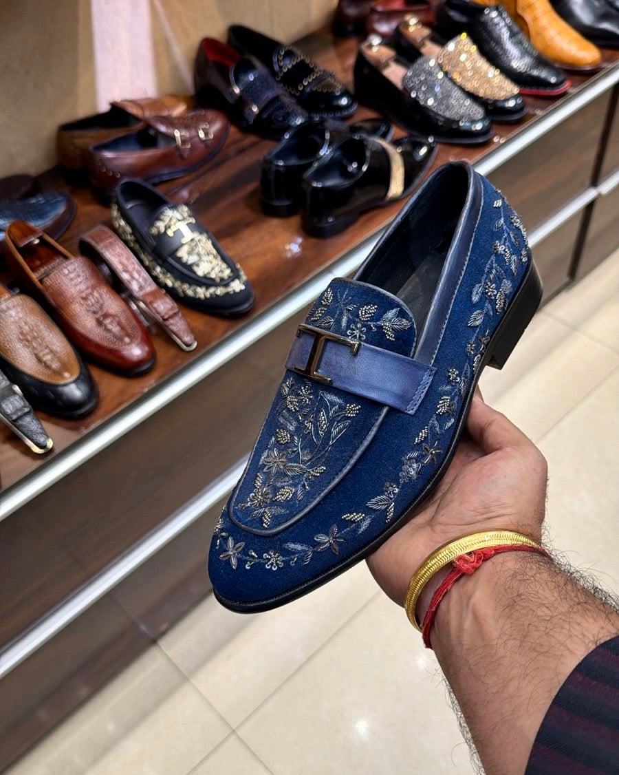 Blue Suede Silver T-Bit Hand-embroidered Loafers