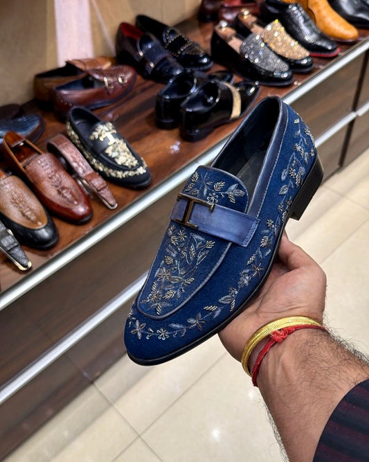 Blue Suede Silver T-Bit Hand-embroidered Loafers