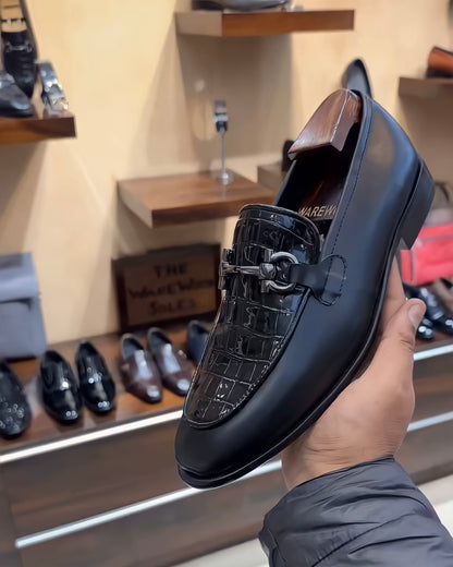 Matt Black Patent Croc Scaled Loafers with Silver Buckle