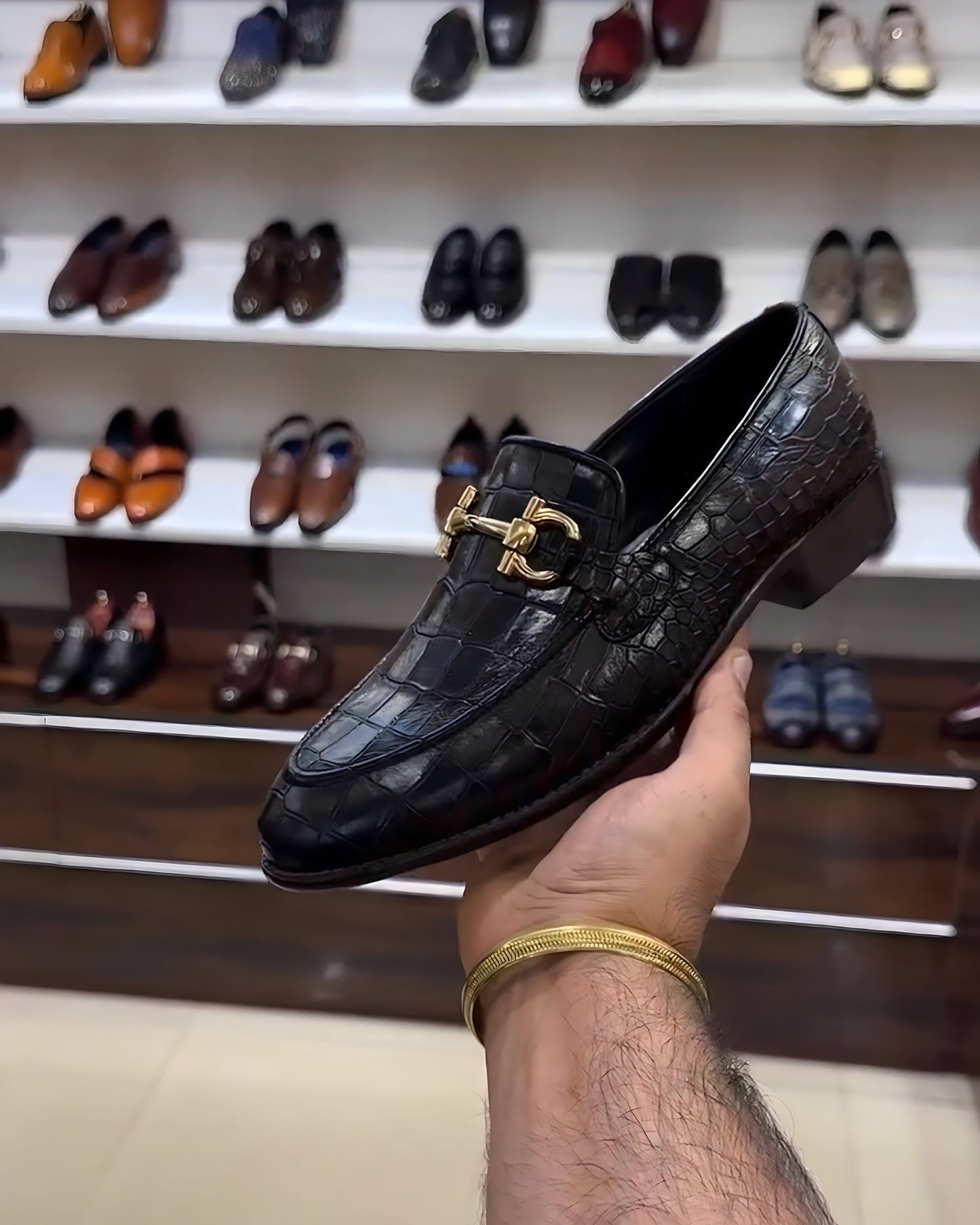 Smooth Black Crocodile Leather Loafers with Gold Buckle