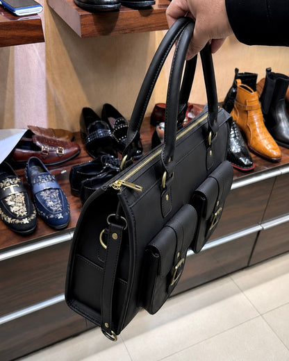 Black Calfskin Leather Business Laptop Bag