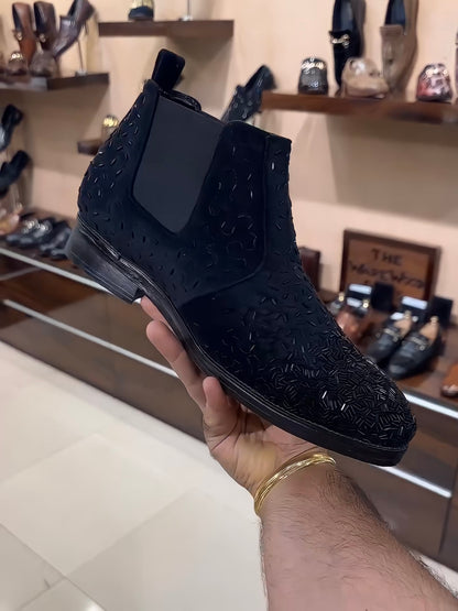 Pure Italian Black Suede Embroidery Chelsea Boots