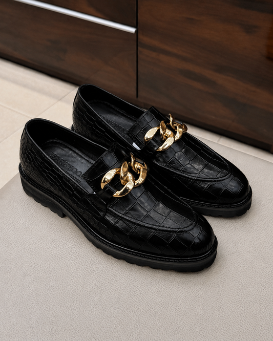 Black Crocodile Chunky Loafers With Gold Chain